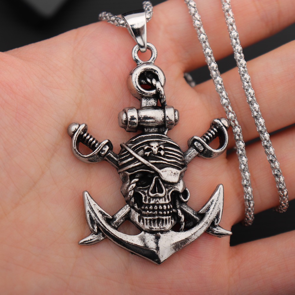 Battle Rope Anchor - สร้อยคอจี้สำหรับผู้ชายทำจากเหล็กไทเทเนียมดาบสองดาบโจรสลัดแนววินเทจแบบย้อนยุคพร้อมจี้ผีหัวกะโหลกสำหรับวันฮาโลวีน